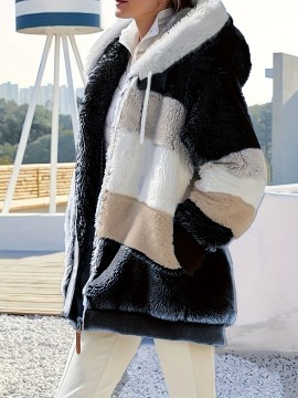 Plus Size Casual Coat, Women's Plus Colorblock Teddy Fleece Hooded Drawstring Zipper Long Sleeve Loose Fit Coat With Pockets