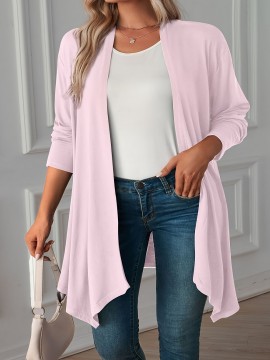 Plus Size Casual Coat, Women's Plus Solid Long Sleeve Open Front Asymmetric Hem Medium Stretch Cardigan Overcoat