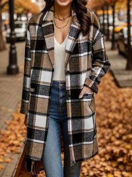 Plus Size Casual Coat, Women's Plus Plaid Print Long Sleeve Button Up Lapel Collar Longline Coat
