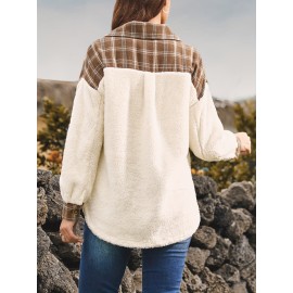 Plus Size Plaid Stitching Jacket, Casual Long Sleeve Polo Collar Colorblock Outwear, Women's Plus Size Clothing