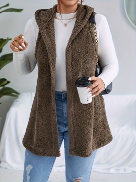 Plus Size Casual Faux Fur Coat, Women's Plus Solid Teddy Fleece Hoodie Open Front Tunic Vest Coat