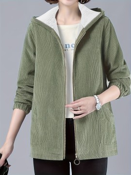 Plus Size Casual Coat, Women's Plus Solid Liner Fleece Corduroy Zipper Long Sleeve Hooded Coat With Pockets