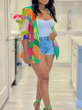 Plus Size Casual Coat, Women's Plus Tie Dye Long Sleeve Lapel Collar Open Front Coat