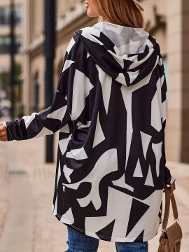 Plus Size Casual Coat, Women's Plus Colorblock Geometric Print Long Sleeve Hooded Cardigan