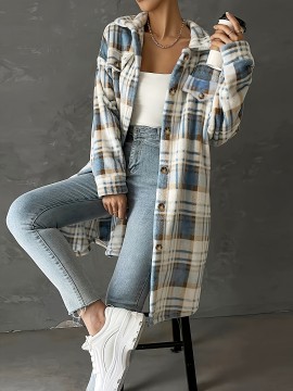 Plus Size Casual Coat, Women's Plus Plaid Print Fleece Long Sleeve Button Up Lapel Collar Longline Coat