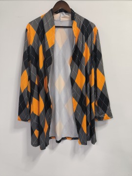 Plus Size Boho Coat, Women's Plus Argyle Print Long Sleeve Open Front Slight Stretch Cardigan Coat