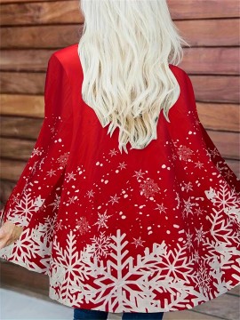 Plus Size Casual Coat, Women's Plus Snowflake Print Long Sleeve Open Front Cardigan