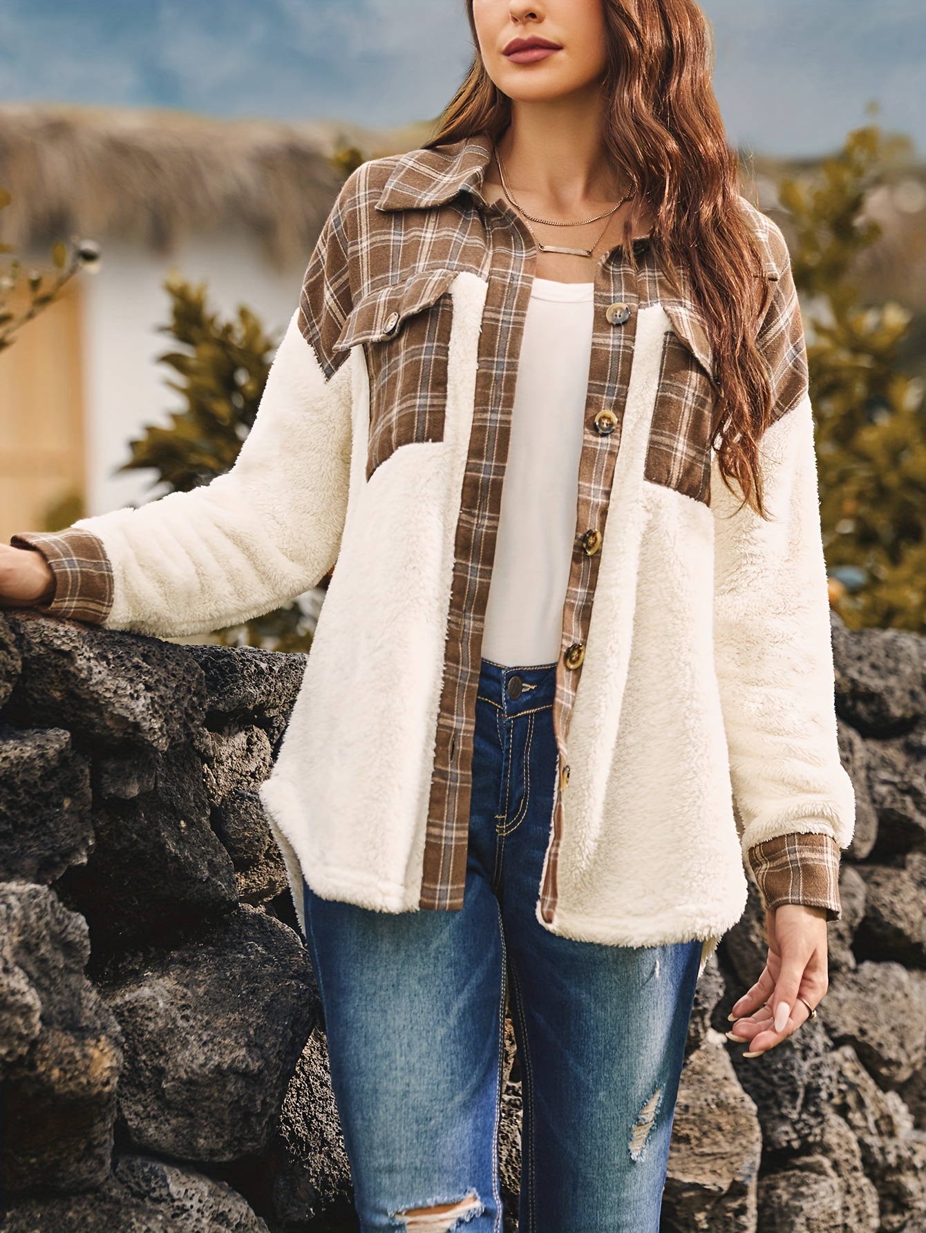 plus size plaid stitching jacket casual long sleeve collar colorblock outwear womens plus size clothing details 0