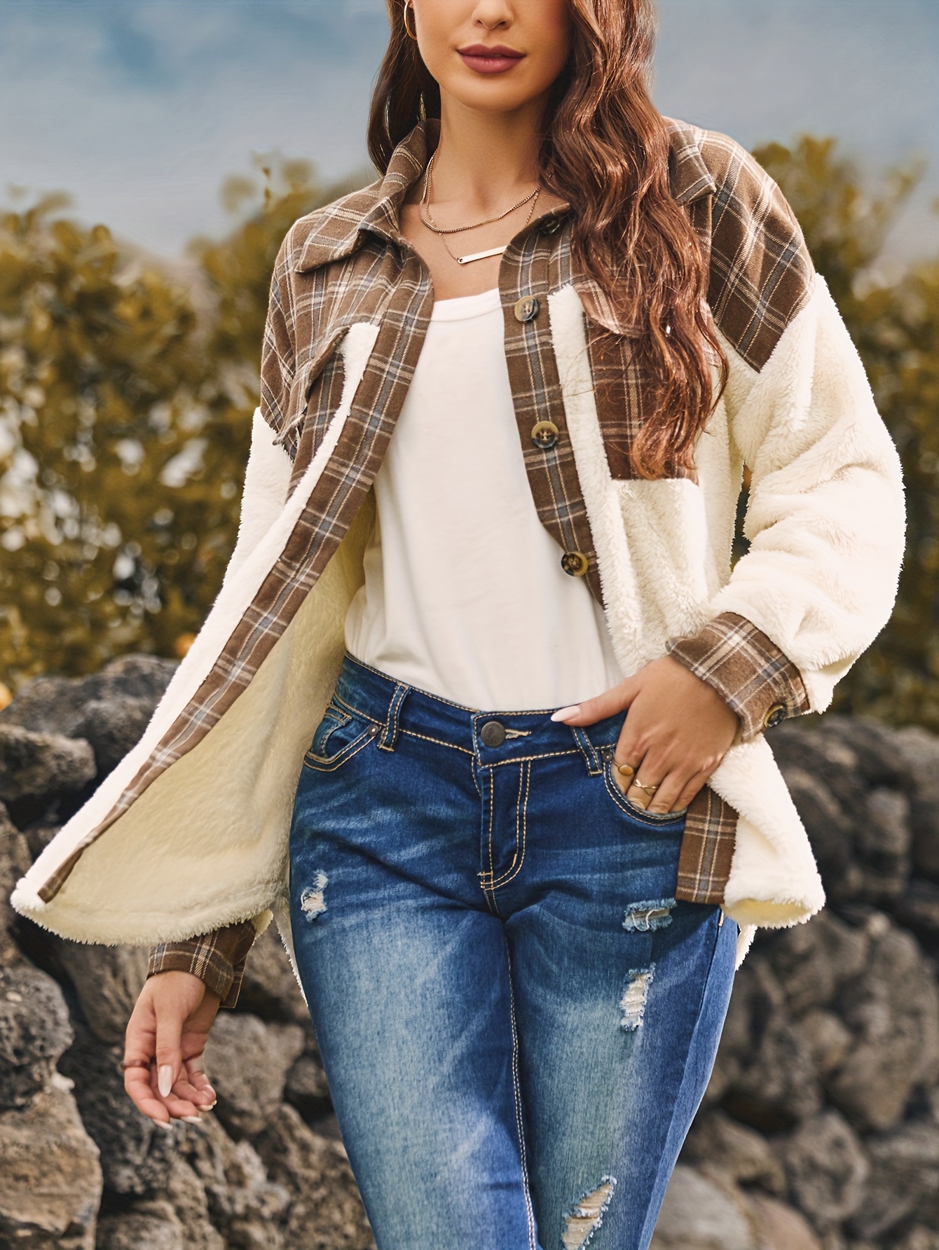 plus size plaid stitching jacket casual long sleeve collar colorblock outwear womens plus size clothing details 3