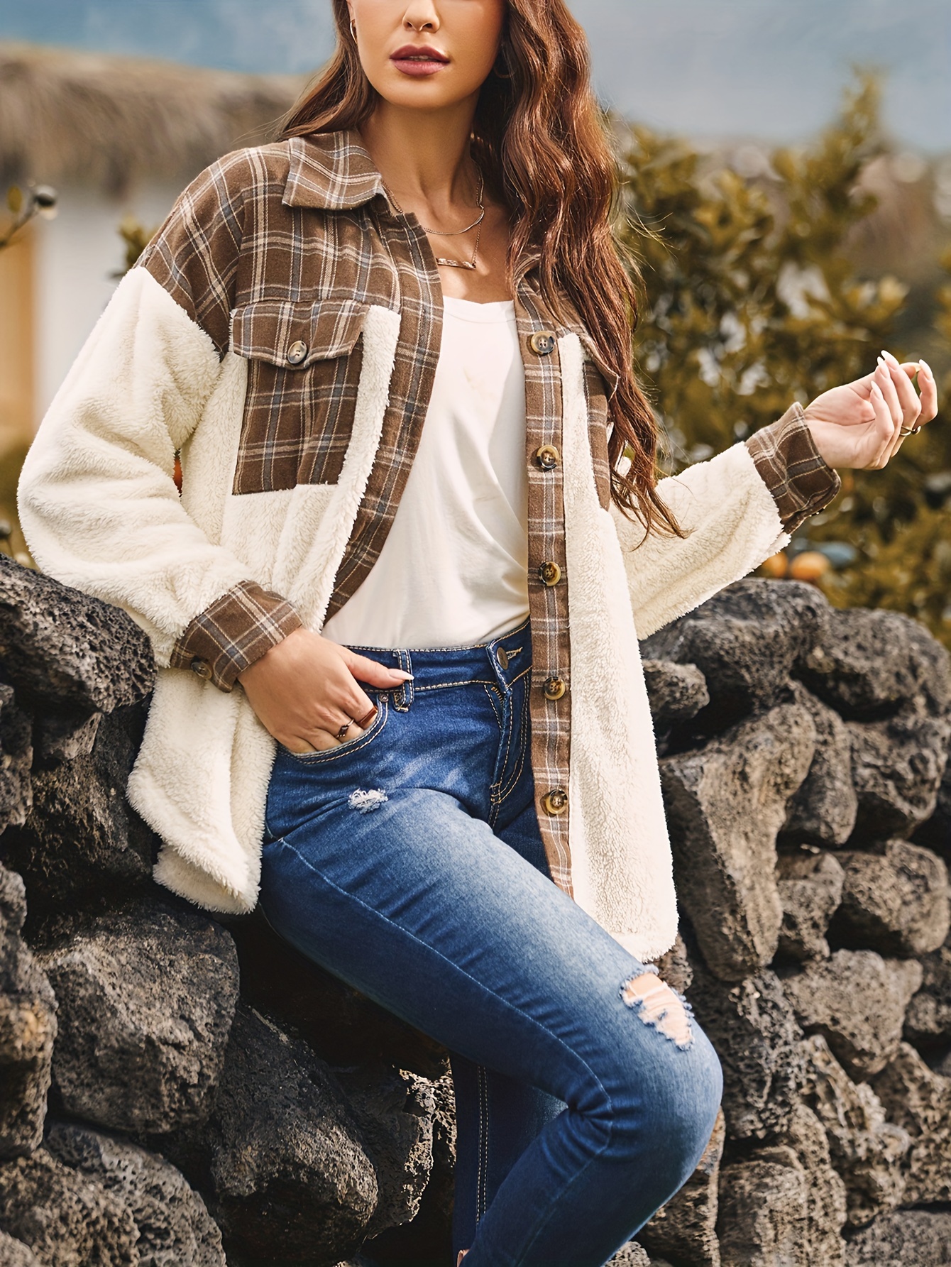 plus size plaid stitching jacket casual long sleeve collar colorblock outwear womens plus size clothing details 5