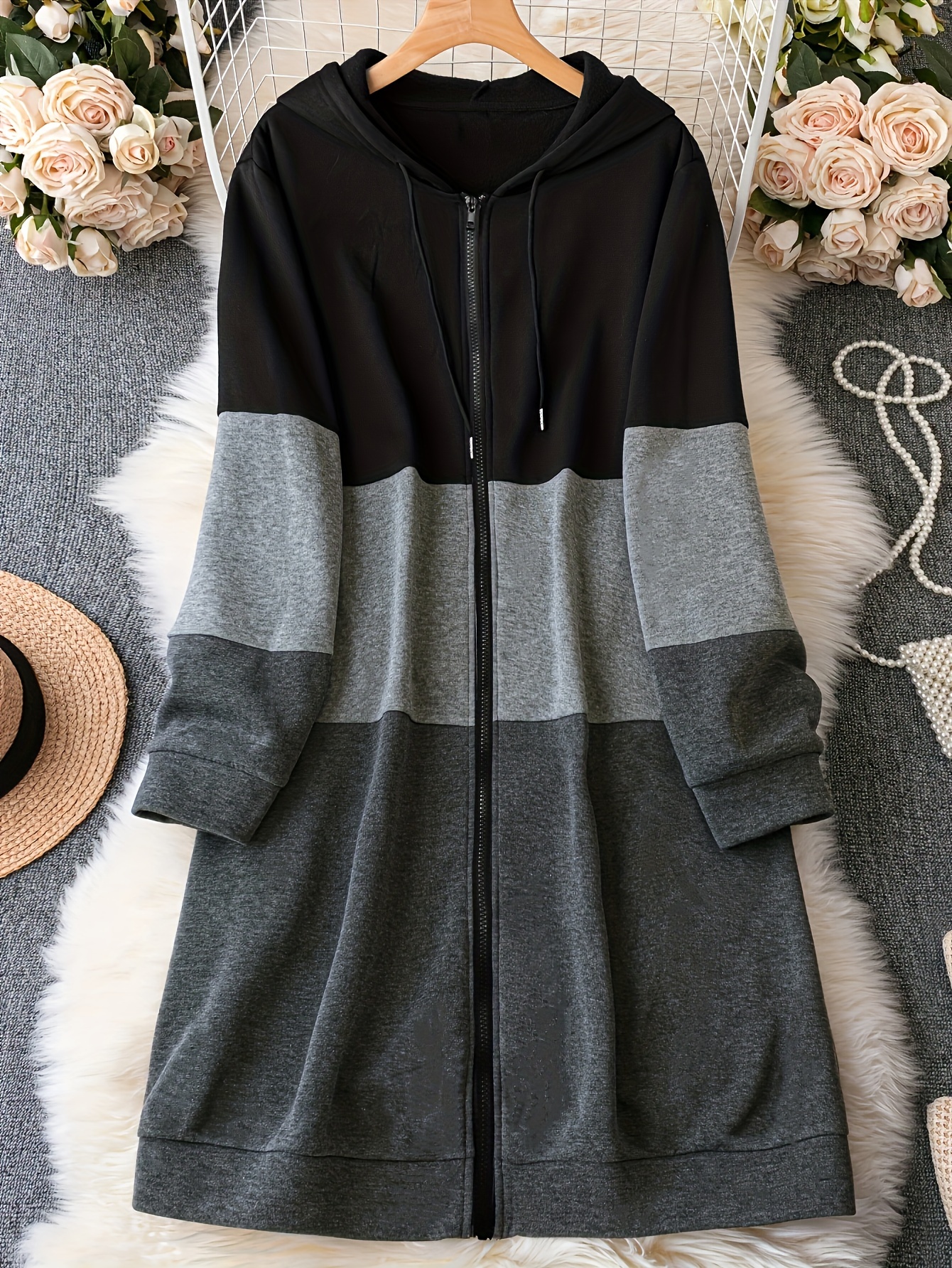 Plus Size Colorblock Hoodie Jacket, Casual Long Sleeve Zipper Hoodie Jacket, Women s Plus Size Clothing details 1