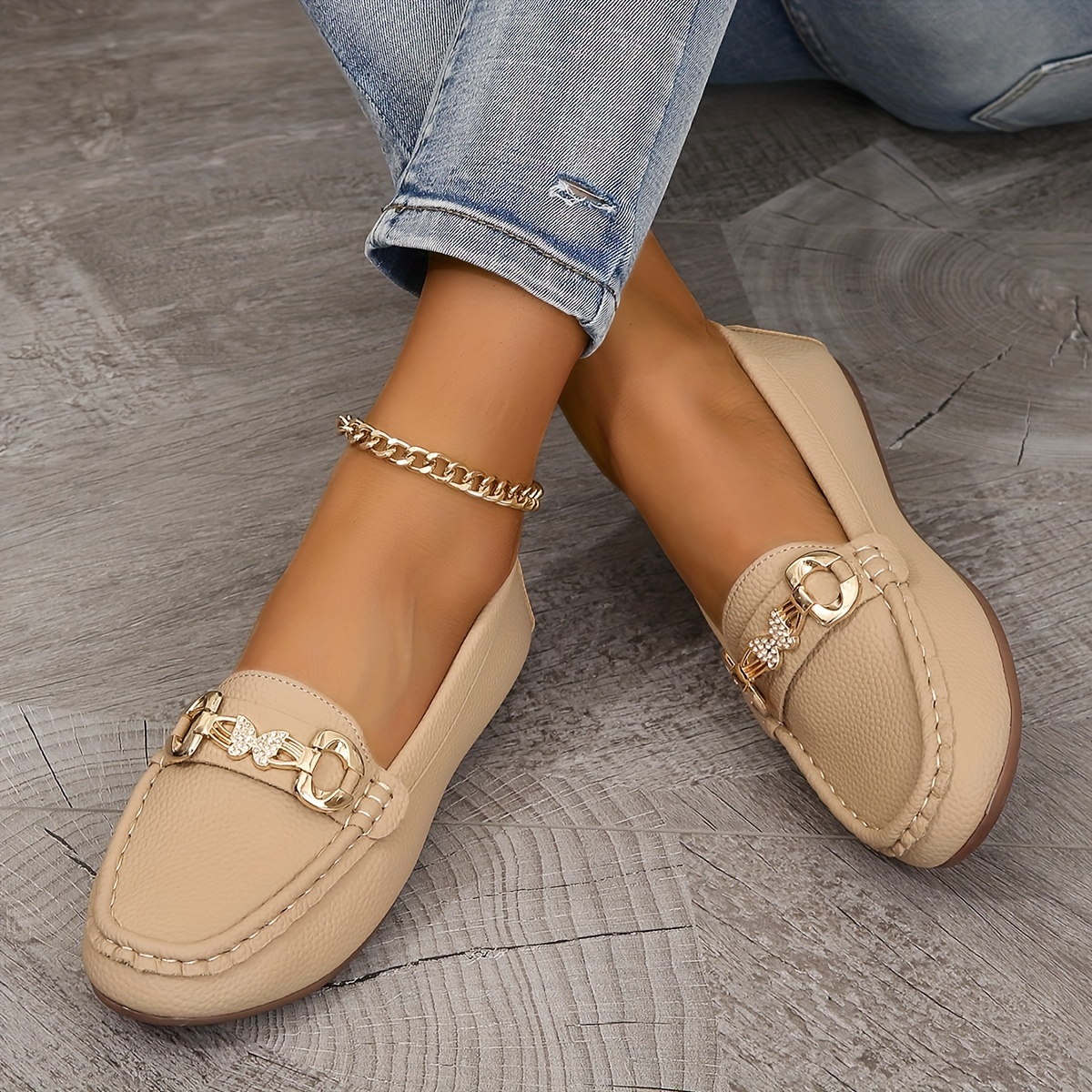womens metallic buckle decor loafers slip on soft sole comfy low top shoes lightweight non slip shoes details 1
